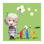  1boy blue_pikmin chibi crossover detached_sleeves fingerless_gloves flag gloves gnosia hair_between_eyes male_focus pikmin_(creature) pikmin_(series) pikmin_1 purple_eyes red_pikmin remnan_(gnosia) rikinako380 short_hair simple_background yellow_pikmin 