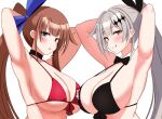  2girls armpits arms_behind_head arms_up bare_shoulders beach bikini black_bikini blue_eyes blue_ribbon blush bow bowtie breasts brown_hair cleavage collarbone fal_(fal&#039;s_summer)_(girls&#039;_frontline) fal_(girls&#039;_frontline) five-seven_(cruise_queen)_(girls&#039;_frontline) five-seven_(girls&#039;_frontline) girls&#039;_frontline hair_ornament hair_ribbon large_breasts long_hair looking_at_viewer multiple_girls official_alternate_costume ponytail presenting_armpit red_bikini ribbon simple_background smile sukoyugiri swimsuit tongue tongue_out upper_body very_long_hair white_background white_hair 