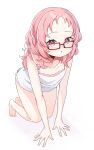  1girl absurdres bare_arms bare_legs breasts camisole crawling glasses highres looking_at_viewer medium_hair mie_ai open_mouth pajamas pink_eyes pink_hair rectangular_eyewear red-framed_eyewear rhansviel1 small_breasts solo sukinako_ga_megane_wo_wasureta wavy_hair white_pajamas 