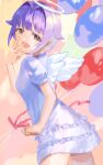  1girl absurdres balloon blush breasts dress hair_flaps hair_intakes halo highres idolmaster idolmaster_cinderella_girls koshimizu_sachiko looking_at_viewer looking_to_the_side purple_dress purple_hair short_hair short_sleeves small_breasts smile solo white_wings wings ye0ro 