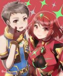  1boy 1girl belt bob_cut brown_gloves brown_hair closed_mouth commentary_request core_crystal_(xenoblade) eyelashes gloves gold_trim highres longerthan looking_at_viewer open_mouth orange_eyes pink_lips pyra_(xenoblade) red_background rex_(xenoblade) short_hair simple_background smile sparkle tiara xenoblade_chronicles_(series) xenoblade_chronicles_2 yellow_eyes 
