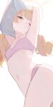  1girl armpits arms_up blonde_hair blue_archive bra breasts halo highres hiroki_(yyqw7151) lifting_own_clothes long_hair looking_at_viewer looking_down navel panties pink_bra pink_panties simple_background small_breasts solo stomach twintails underwear undressing white_background yoshimi_(blue_archive) 