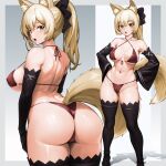  1girl animal_ear_fluff animal_ears ass bare_shoulders bikini black_bow black_gloves black_sleeves black_thighhighs blonde_hair bow breasts cameltoe cleavage collarbone covered_nipples detached_sleeves elbow_gloves fox_ears fox_girl fox_tail gloves hair_bow highres large_breasts legs_apart long_hair long_sleeves minamoto80486 multiple_views navel open_mouth original paid_reward_available ponytail red_bikini ringed_eyes shadow standing swimsuit tail teeth thick_eyebrows thighhighs thighs upper_teeth_only wide_sleeves yellow_eyes yellow_tail 