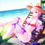 1girl absurdres arthropod_girl beach bikini breasts cellphone cleavage cockroach_girl crossed_legs cup hat highres holding holding_cup large_breasts long_hair looking_at_viewer matara_kan mats_kuro monster_girl phone red_bikini red_eyes sand short_hair smartphone smile solo straw_hat swimsuit vshojo water 