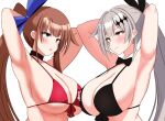 2girls armpits arms_behind_head arms_up bare_shoulders beach bikini black_bikini blue_eyes blue_ribbon blush bow bowtie breasts brown_hair cleavage collarbone fal_(fal&#039;s_summer)_(girls&#039;_frontline) fal_(girls&#039;_frontline) five-seven_(cruise_queen)_(girls&#039;_frontline) five-seven_(girls&#039;_frontline) girls&#039;_frontline hair_ornament hair_ribbon large_breasts long_hair looking_at_another multiple_girls official_alternate_costume ponytail presenting_armpit red_bikini ribbon simple_background smile sukoyugiri swimsuit tongue tongue_out upper_body very_long_hair white_background white_hair 