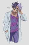  1boy breast_pocket coat collarbone cropped_torso glasses grey_background grey_eyes grin highres jacq_(pokemon) lab_coat long_sleeves male_focus multicolored_hair pants pocket pokemon pokemon_sv purple_hair purple_pants rotom rotom_phone simple_background smile solo tan translation_request two-tone_hair uochandayo white_coat 