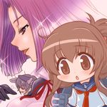  brown_eyes brown_hair chibi commentary eyepatch folded_ponytail gloves half_updo headgear inazuma_(kantai_collection) kantai_collection machinery multiple_girls open_mouth purple_eyes purple_hair ribbon shinanoya_(satanicad) short_hair sigh sweatdrop tatsuta_(kantai_collection) tenryuu_(kantai_collection) tongue turret 