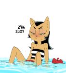  2024 annoyed anthro bare_shoulders beanie bent_legs biped black_eyebrows black_hair black_nose bottomwear breasts closed_frown clothed clothed_anthro clothed_female clothing dark_hair dated dbaru digital_drawing_(artwork) digital_media_(artwork) domestic_cat eyebrows eyelashes felid feline felis female frown fur green_eyes hair hat headgear headwear kitty_katswell light_body light_ears light_fur long_hair mammal markings mole_(marking) monotone_body monotone_fur mouth_closed multicolored_clothing multicolored_topwear nickelodeon partially_submerged pattern_clothing pattern_topwear prick_ears red_beanie red_bottomwear red_clothing red_hat red_headwear round_head simple_background sitting sitting_in_water small_nose solo spread_legs spreading straight_hair striped_clothing striped_topwear stripes t.u.f.f._puppy tan_body tan_ears tan_fur three-quarter_view topwear two_tone_clothing two_tone_topwear water wet white_background 