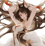  1girl 891 ahri_(league_of_legends) animal_ear_fluff animal_ears armpits arms_up english_commentary facial_mark fingernails fox fox_ears fox_girl hair_between_eyes highres immortalized_legend_ahri league_of_legends long_hair looking_at_viewer multiple_tails nail_polish official_alternate_costume parted_lips red_eyes red_nails sidelocks simple_background smile solo tail upper_body whisker_markings white_background 