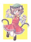  1girl :d animal_ear_fluff animal_ear_piercing animal_ears aokukou border bow bowtie breasts brown_eyes brown_hair cat_ears cat_tail chen claw_pose commentary_request earrings fang fingernails frills full_body hair_between_eyes hands_up hat jewelry juliet_sleeves knees_together_feet_apart long_sleeves looking_at_viewer mob_cap multiple_tails nekomata open_mouth outline petticoat puffy_sleeves red_skirt red_vest short_hair simple_background single_earring skirt skirt_set small_breasts smile solo tail touhou two_tails v-shaped_eyebrows vest white_border white_outline yellow_background yellow_bow yellow_bowtie 