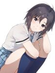  1girl antenna_hair black_hair blue_skirt blue_socks blush idolmaster idolmaster_(classic) idolmaster_million_live! kikuchi_makoto kneehighs light_smile looking_at_viewer mogskg plaid plaid_skirt pleated_skirt school_uniform shirt shirt_tucked_in short_hair short_sleeves simple_background skirt socks solo squatting twitter_username white_background white_shirt 