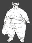  anthro belly black_and_white bodily_fluids caracal caracal_(genus) claws clothed clothing double_chin fat_rolls felid feline fur hair heat_(temperature) holding_bag holding_object jirobas love_handles male mammal monochrome moobs morbidly_obese morbidly_obese_anthro morbidly_obese_male obese obese_anthro obese_male overheated overweight overweight_anthro overweight_male solo standing sweat sweatdrop thick_thighs tongue tongue_out wide_hips 