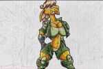  anthro big_breasts bottomwear bottomwear_down bra breasts cleavage clothed clothing cybernetic_arm cybernetic_limb explosion female giraffe giraffid hand_on_butt lava luray_giraffe mammal navel panties partially_clothed shorts shorts_down solo traditional_media_(artwork) underwear virus-20 