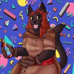  90&#039;s_theme alcohol anthro beer beverage black_body black_nose brown_clothing clothing domestic_cat felid feline felis female gloves hair handwear happy hi_res mammal mara_the_red_(kekanicreates) open_grin pink_tongue red_hair robe sash solo tigers_claws tongue waist_up yellow_eyes 