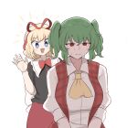  2girls @_@ alternate_hairstyle blonde_hair blue_eyes breasts green_hair hair_ribbon highres kazami_yuuka mata_(matasoup) medicine_melancholy multiple_girls red_eyes red_ribbon red_skirt red_vest ribbon shirt short_hair simple_background skirt touhou two_side_up vest white_background white_shirt 