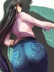  1girl ass belt black_belt black_hair blue_pants blush closed_mouth commentary_request cowboy_shot denim from_behind frown jeans long_hair long_sleeves looking_back maki_(seventh_heaven_maxion) midriff_peek original pants pantylines pink_shirt red_eyes shadow shirt solo standing very_long_hair 