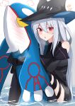  1girl :o absurdres akabeko123 arknights bare_shoulders black_dress black_hat black_thighhighs blue_hat blush breath commentary_request dress eyes_visible_through_hair feet_out_of_frame flying_sweatdrops grey_hair hair_between_eyes hat highres hug knees_up kyogre long_hair long_sleeves looking_at_viewer open_mouth pokemon pokemon_(creature) puff_of_air red_eyes sitting skadi_(arknights) sketch solo thighhighs two-sided_fabric two-sided_headwear 