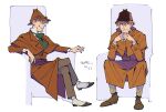  1boy arm_rest basil_(mouse) brown_coat brown_footwear brown_hair brown_pants coat crossed_legs deerstalker full_body green_necktie grin hair_between_eyes hat highres humanization looking_at_viewer male_focus multiple_views necktie pants short_hair sitting smile the_great_mouse_detective translation_request uochandayo 