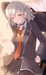  1girl ahoge black_jacket blush breasts fate/grand_order fate_(series) grey_hair highres jacket jeanne_d&#039;arc_alter_(avenger)_(fate) jeanne_d&#039;arc_alter_(fate) large_breasts long_sleeves looking_at_viewer necktie okina_(805197) school_uniform short_hair sitting skirt smile solo tongue tongue_out window yellow_eyes 