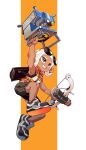  1girl black_shorts bow_(weapon) commentary_request dark-skinned_female dark_skin eyebrow_cut eyewear_on_head grey_eyes highres holding holding_bow_(weapon) holding_weapon life_vest medium_hair octoling octoling_girl octoling_player_character orange_background reef-lux_450_(splatoon) shoes shorts simple_background smile solo splatoon_(series) splatoon_3 sunglasses teeth tentacle_hair two-tone_background unm41239877 weapon white_background 