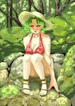  1girl akachan0219 alternate_costume breasts cleavage commentary_request full_body green_hair highres kazami_yuuka outdoors red_eyes sandals short_hair sitting solo touhou tree 