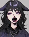  1girl animal_ears black_hair blood cat_ears cat_girl colored_tips commentary_request ears_down fangs grey_background highres jiz_(pffbq) long_hair looking_to_the_side multicolored_hair nosebleed open_mouth original portrait purple_eyes purple_hair simple_background solo tongue tongue_out uneven_eyes 