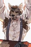  2:3 anthro armpit_hair blush body_hair canid canine canis clothing hi_res male mammal muscular overcyan solo torn_clothing william_adler wolf yellow_eyes 