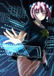  1girl bare_legs breasts electricity highres holding holding_phone holographic_interface light_smile loose_clothes loose_shirt neck phone purple_eyes purple_hair ryougen_(koh_y1) shirt short_hair short_sleeves shorts solo star_(symbol) star_print symbol-shaped_pupils yozakura-san_chi_no_daisakusen yozakura_shion 