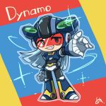  1boy armor assault_visor black_armor black_helmet character_name chibi dynamo_man grey_hair helmet highres long_hair male_focus mega_man_(series) mega_man_x_(series) meiru_000 red-tinted_eyewear smirk solo tinted_eyewear 