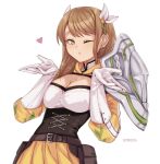  1girl black_corset blowing_kiss braid braided_ponytail breasts brown_eyes brown_hair corset fire_emblem fire_emblem_engage goldmary_(fire_emblem) heart highres hooded_top large_breasts low_ponytail mole mole_on_breast ribbon single_shoulder_pad solo symoca white_ribbon 