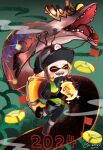  airin. black_gloves black_jumpsuit blonde_hair gloves highres horrorboros inkling_player_character jumpsuit lifebuoy mining_helmet open_mouth salmon_run_(splatoon) signature splatoon_(series) swim_ring vest yellow_vest 