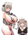  2girls absurdres and-j_(dlwjdqja1212) animal_ears animal_print bell bikini black_ribbon bottle breasts character_request choker cleavage closed_mouth copyright_request cow_ears cow_horns cow_print cow_print_bikini cow_print_gloves cow_print_thighhighs cowbell drill_hair drinking_straw elbow_gloves gloves grey_hair groin hair_intakes hair_ribbon highres horns huge_breasts milk_bottle multiple_girls navel off_shoulder panties print_bikini print_gloves print_thighhighs ribbon simple_background small_breasts striped_clothes striped_panties swimsuit thighhighs twintails underboob underwear white_background 