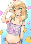  absurdres blonde_hair bridget_(guilty_gear) camisole guilty_gear guilty_gear_strive heart heart_print highres long_hair navel one_eye_closed otoko_no_ko panties polka_dot polka_dot_background salute side-tie_panties smile star_(symbol) strap_slip sugajyun underwear 