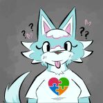  animal_crossing anthro blep blush blush_lines breasts canid canine female heart_symbol mammal nintendo question_mark skye_(animal_crossing) solo tongue tongue_out zzx 