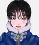  1boy artist_name belt black_belt black_eyes black_hair blue_coat closed_mouth coat commentary dated earrings fur-trimmed_coat fur_trim grey_background hair_between_eyes highres jewelry looking_at_viewer male_focus original short_hair signature simple_background solo symbol-only_commentary upper_body yoshino_ganko 