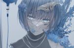  1girl barcode blue_flower blue_hair blue_liquid blue_theme blunt_bangs bubble_pimbolaria bug cicada flower forget-me-not_(flower) grey_eyes highres intravenous_drip looking_at_viewer mole mole_under_mouth original short_hair 