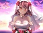  1girl breasts bridal_veil bride cloud cloudy_sky dress fire_emblem fire_emblem_engage fire_emblem_heroes flower gold_trim hairband lapis_(fire_emblem) lapis_(mighty_bride)_(fire_emblem) medium_breasts official_alternate_costume pink_eyes red_flower red_rose rose sky two-tone_hairband veil wedding_dress white_hairband yanmarson yellow_hairband 