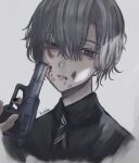  1boy androgynous artist_name blood blood_on_face collared_shirt commentary_request grey_eyes grey_hair gun handgun highres kuleha_s male_focus nail_polish necktie original shirt short_hair simple_background solo teeth weapon white_background 