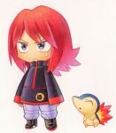  1boy arms_at_sides black_footwear chibi chibi_only closed_eyes closed_mouth colored_pencil_(medium) cyndaquil full_body grey_pants no_nose numae_kaeru open_mouth pants pokemon pokemon_(creature) pokemon_go red_hair short_hair silver_(pokemon) simple_background sweatdrop traditional_media white_background 