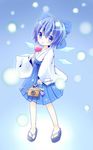  absurdres alternate_costume blue_eyes blue_hair candy_apple choko_(mixberry_parfait) cirno food highres ice ice_wings japanese_clothes long_sleeves miko sandals short_hair skirt snow solo touhou wide_sleeves wings 