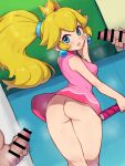  1girl 2boys aqua_eyes ass bar_censor blonde_hair censored chiwino commission crown dress earrings from_behind highres jewelry male_masturbation mario_(series) masturbation multiple_boys no_panties parted_lips penis pink_dress pixiv_commission ponytail princess_peach racket short_dress sphere_earrings tennis_racket 