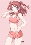  1girl :o abs armpits blush breasts brown_hair cleavage collarbone fingernails gakuen_idolmaster hanami_saki highres idolmaster long_hair looking_at_viewer medium_breasts navel pink_background ponpon red_shorts red_sports_bra short_shorts shorts signature simple_background solo sports_bra stomach two_side_up 