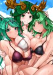  3girls absurdres bikini byleth_(female)_(fire_emblem) byleth_(fire_emblem) color_connection commentary_request company_connection crossover fake_horns fire_emblem fire_emblem:_three_houses green_eyes green_hair hair_color_connection hand_on_another&#039;s_head hand_on_another&#039;s_shoulder highres horned_headwear horns kid_icarus kid_icarus_uprising long_hair multiple_girls pneuma_(xenoblade) ponytail smile swimsuit tiara wet xenoblade_chronicles_(series) xenoblade_chronicles_2 yotsuha_uni 