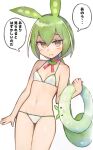  1girl babayaga_13lood bad_id bad_pixiv_id bikini blush breasts brown_eyes commentary_request cowboy_shot green_hair green_trim hair_between_eyes hand_up holding holding_swim_ring inactive_account innertube long_hair looking_at_viewer low_ponytail navel neck_ribbon parted_lips pea_pod pink_ribbon ponytail ribbon simple_background small_breasts solo speech_bubble swim_ring swimsuit translation_request very_long_hair voicevox white_background white_bikini zundamon 