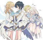  4girls aoba_tsumugi ascot bad_id bad_pixiv_id blonde_hair blue_ascot blue_eyes character_request check_character closed_eyes closed_mouth dagger ensemble_stars! eye_contact face-to-face frilled_skirt frills from_side genderswap genderswap_(mtf) gloves highres holding holding_dagger holding_knife holding_weapon jacket kiss kissing_forehead knife long_hair long_sleeves looking_at_another meremero multiple_girls profile ran_nagisa short_hair sitting skirt sleeping sleeping_on_person sleeping_upright smile standing tenshouin_eichi tomoe_hiyori weapon white_background white_gloves white_jacket white_skirt yuri 