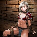  1girl :d abs arm_belt armor belt belt_buckle belt_collar bikini_armor blue_loincloth braid breasts brick_wall brown_belt brown_collar brown_gloves buckle cleavage collar collarbone fingerless_gloves gloves highres loincloth medium_breasts minamoto80486 navel open_mouth original paid_reward_available red_armor red_eyes ringed_eyes short_hair single_bare_shoulder single_shoulder_pad sitting smile solo white_hair 