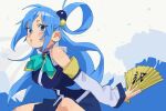  1girl aqua_(konosuba) bare_shoulders blue_dress blue_eyes blue_hair blush ditro dress hand_fan highres holding holding_fan kono_subarashii_sekai_ni_shukufuku_wo! legs long_hair looking_at_viewer 