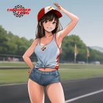  1girl arm_up ass_visible_through_thighs bare_arms bare_shoulders baseball_cap blue_shorts blue_sky blurry blurry_background breasts brown_hair chequered_flag clear_sky cleavage collarbone copyright_name day flag grass grey_eyes grin hand_on_own_hip hat highres konami long_hair medium_breasts minamoto80486 outdoors race_queen ringed_eyes road short_shorts shorts sky smile solo tank_top white_tank_top 