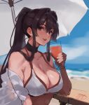  1girl artist_logo beach bikini black_choker black_hair blue_sky brown_eyes choker cloud day drink hair_intakes haruto_(harut_n) highres horizon kantai_collection ocean outdoors ponytail sidelocks sky solo swimsuit umbrella upper_body white_bikini white_umbrella yamato_(kancolle) 