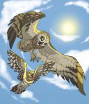  2017 aegolius ambiguous_gender avian bird brown_body brown_feathers cloud duo eared_owl feathers feet female_(lore) feral flying guardians_of_ga&#039;hoole ignigeno male_(lore) martin_(gogh) northern_saw-whet_owl open_mouth owl ruby_(gogh) short-eared_owl sky sun talons toes true_owl white_body white_feathers yellow_eyes 